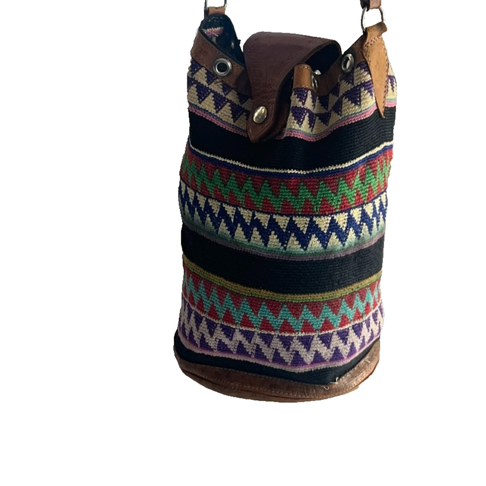 Vintage Woven Hobo Bucket Crossbody Handbag Geometric Pattern Boho